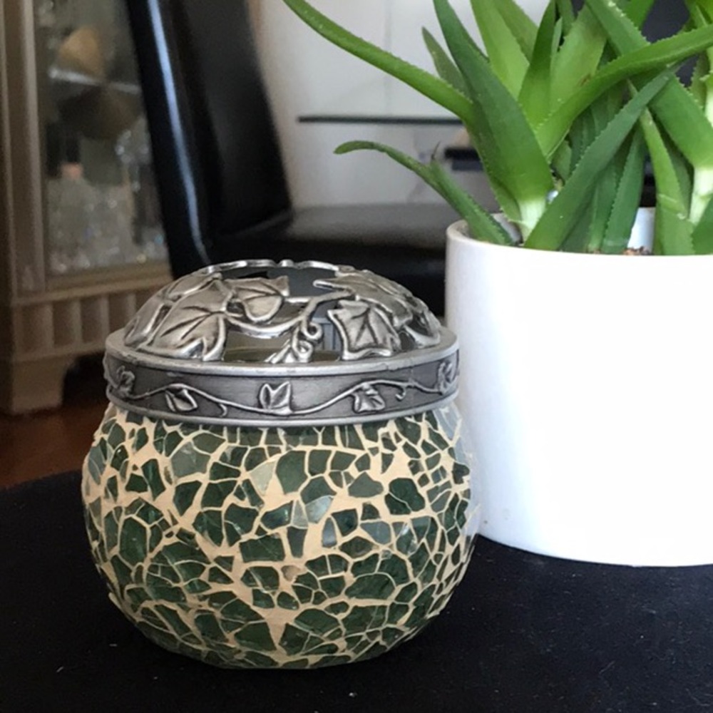 Green Mosaic Decorative Jar with Pewter-Tone Lid